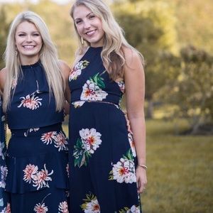 Full-length Blue Floral Dress | Medium. Open back.
